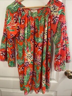 Newbury Kustom Coral Tropical Off-Shoulder Tunic/Dress with Green Leaf Print